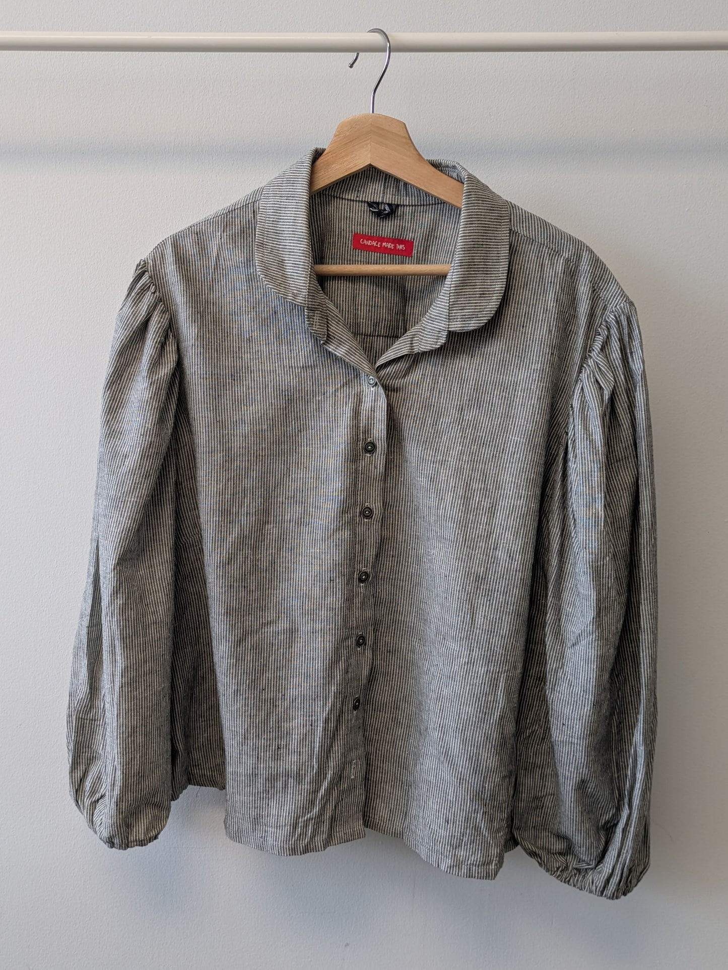 Puff Sleeve Peter Pan Pinstripe Button Up