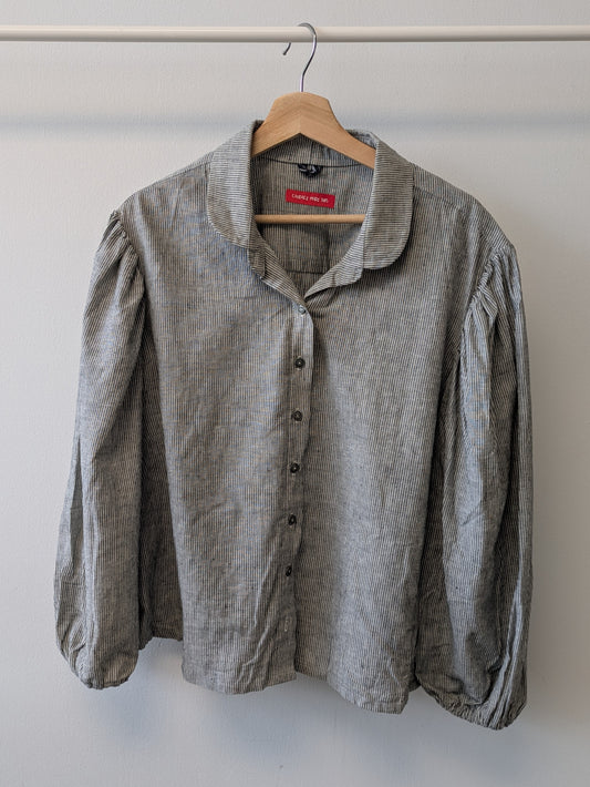 Puff Sleeve Peter Pan Pinstripe Button Up