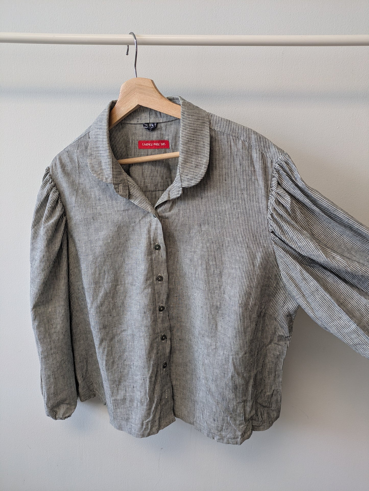 Puff Sleeve Peter Pan Pinstripe Button Up